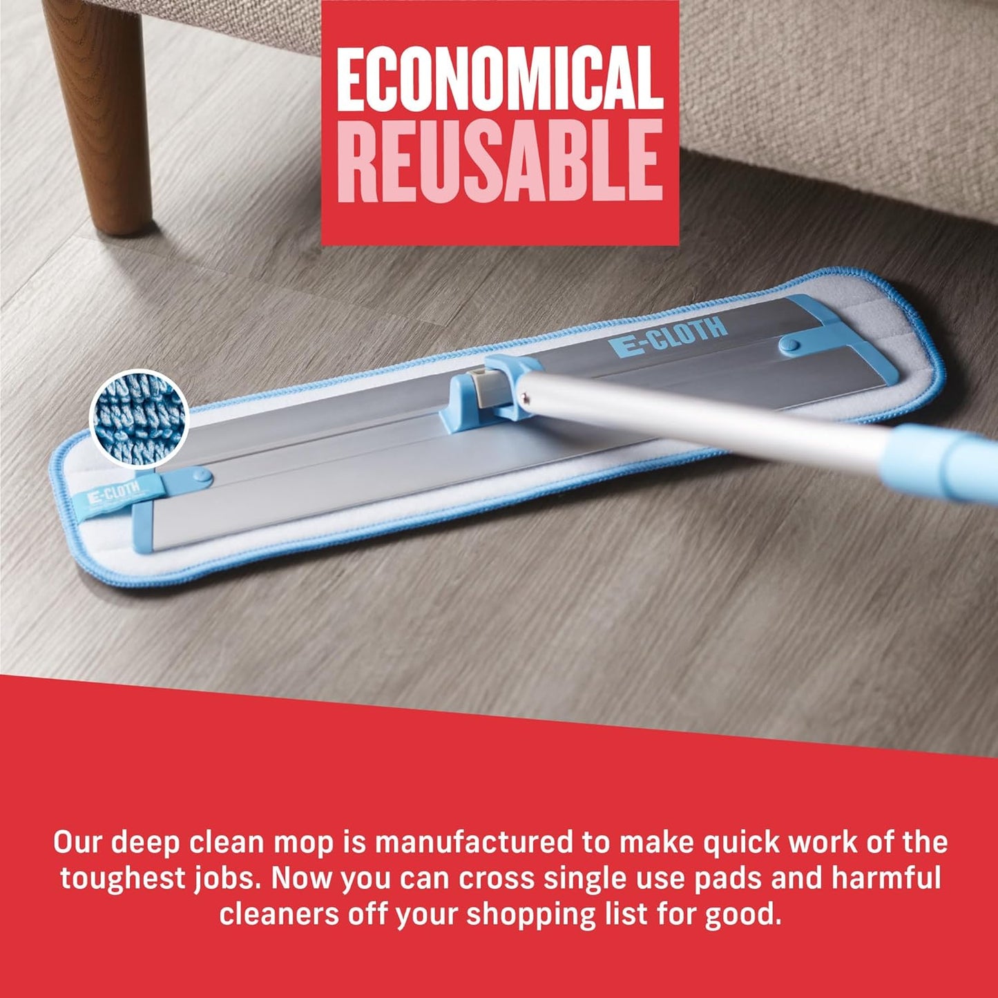 Deep Clean Microfiber Mop - Reusable Mop Pad for Home Cleaning, Hard Floors, Wood, Tile, or Laminate, Machine Washable, Use Wet for Cleaning or Dry for Dusting, No Refills or Spray Needed