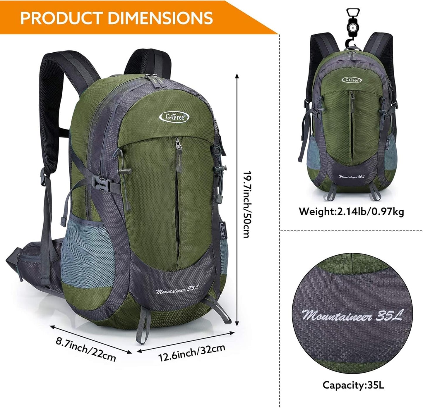 35L Hiking Backpack Water Resistant Outdoor Sports Travel Daypack Lightweight with Rain Cover for Women Men (Army Green)