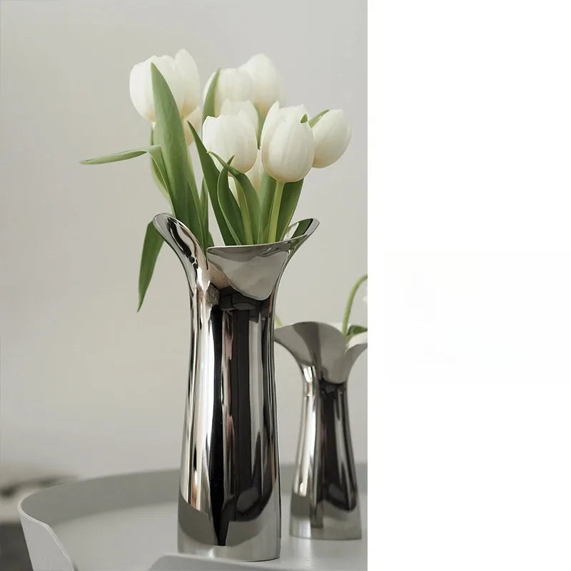 Nordic Luxury Ceramic Vase Silver Plated Modern Floral Arrangement Artistry for Living Room & Dining Table Home Decor