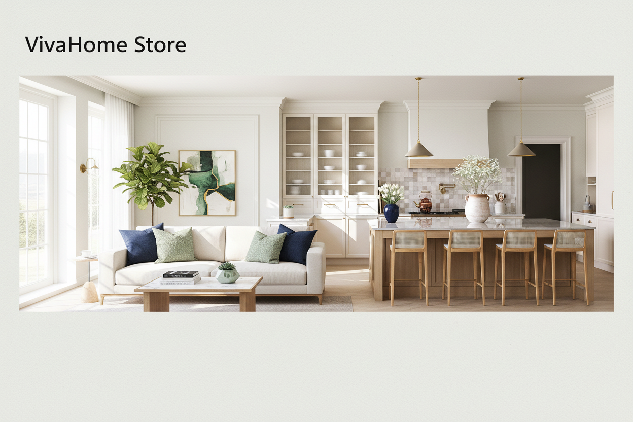 Modern living room and kitchen with 'VivaHome Store' branding.